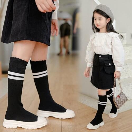 Knee Length Elastc Knitted Fabric Children Winter Boots For Girls Autumn Kids High Top Girls Comfortable Anti-slip Casual Shoes