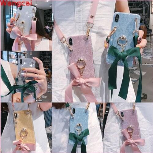 For Motorola E5 G6 Z3 Z2 G4 Play G7 E4 C G5S G5 Plus One Power E3 Case Bowknot Holder Ring Lanyard Ribbon Glitter Bling TPU Case