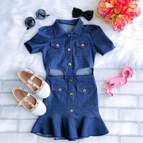 FOCUSNORM 1-6Y Fashion Kids Girls Trumpet Dress Puff Sleeve Turn Down Collar Single Breasted Blue Denim Ruffles Dress