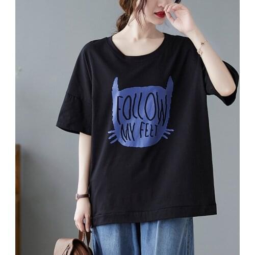 Japan Style Print Letter Cat Sweet Girls Cartoon T Shirts Loose Tops Pure Cotton Women Casual Summer T Shirts All-match Tshirt