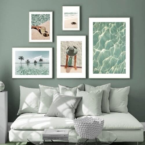 Summer Pool and Beach Turtle Seashell Nature Scene Blue Wall Art Canvas Paintings Posters Prints Pictures Living Room Home Deco