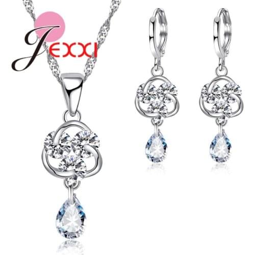 Lucky Cloud With Shiny Water Drop 925 Sterling Silver Crystal Wedding Jewelry Set Statement Necklace Earring Set For Women