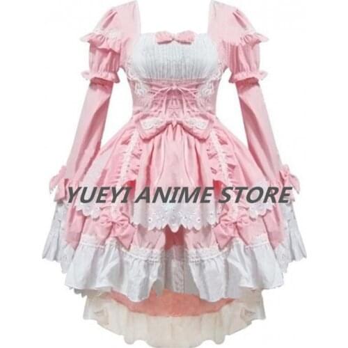 Sweet Lolita Dress Cotton Pink Detachable sleeves Cute Girls Lolita Dress Coaplay Costumes customized any size