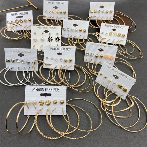 2021 New Fashion Gold Oversize Hoop Earrings for Women Vintage Metal Round Geometric Earrings Set Female Party Jewelry Gifts