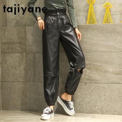Fall Pants 2021 Women Real Sheepskin Trousers Woman High Waist Trousers Hole Casual Full Length Pants Pantalones TN1224