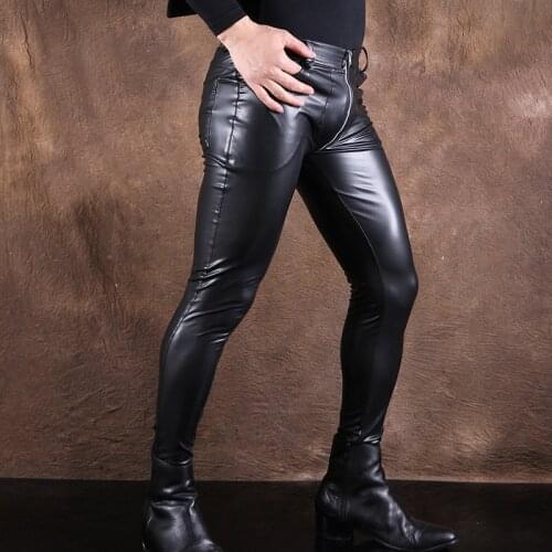 Sexy Men High Elastic Shiny PU Faux Leather Pencil Pants Fashion Punk Pants Wet Look Glossy Pencil Pants Gay Wear Plus Size F100