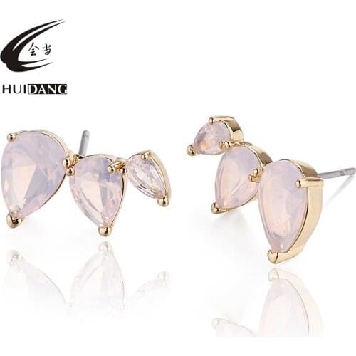 HUIDANG Gold Plating Water Drop Zircon Claw Setting Brass Stud Earring for Women Opal Pink Crystal Earring
