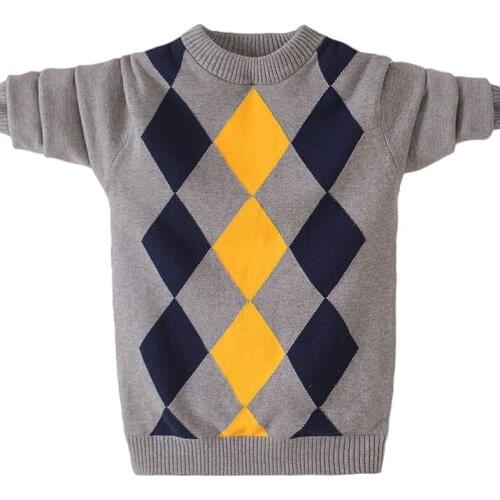 Boys pullover pure cotton diamond plaid sweater new spring/autumn/winter big kids plus velvet warm bottoming shirt