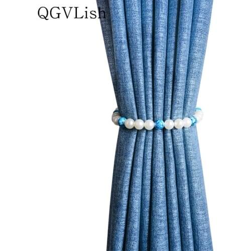 QGVLish 2Pcs Colorful Peal Beads Magnetic Curtain Tiebacks Strap Hanging Belt Curtain Accessories Hooks Buckle Holder Bind Clips