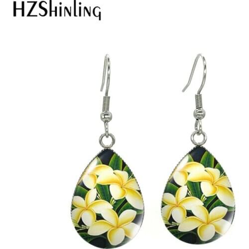 New Fashion Painting Yellow Pink Plumeria Tropical Flowers Leaf Tear Drop Fish Hook Earrings Handcraft Jewelry Dangles