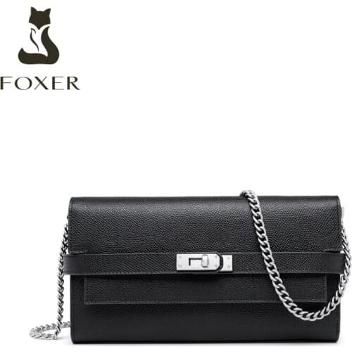 FOXER Leather Classic Ladies Small Envelope Bag Summer Lady Chain Crossbody Clutch Fashion All-Match High-Quality Shoulder Bag