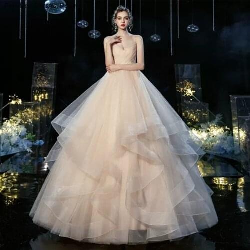 Champagne Tulle A Line Wedding Dress 2021 Long V-neck Backless Bridal Dresses Spaghetti Strap Robe De Soiree De Mariage