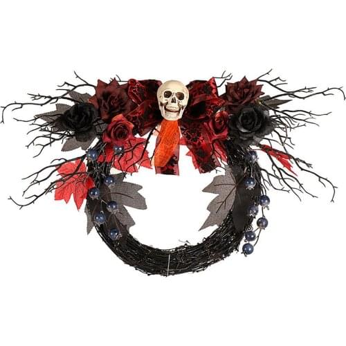Halloween Wreath For Front Door Skull And Bow Artificial Wreath Rattan Wreath Front Door Decoration For Halloween Decoration