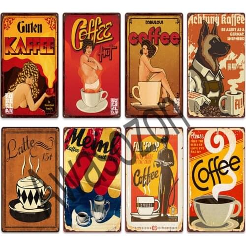 Vintage Sexy Pin Up Girl Coffee Painting Metal Sign Tin Plates Signs Retro Cafe Kitchen Pub Plate Poster Sweet Home Decor