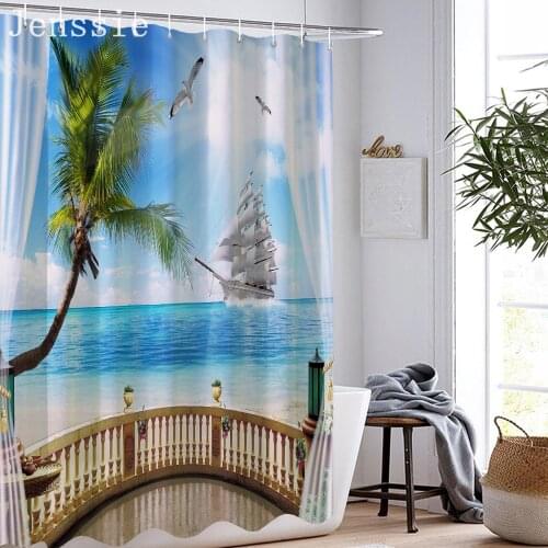 Beautiful Sea View Flower Street Waterfall Waterproof Shower Curtain 3D Scenery Printing Bath Curtain with 12 Hooks Decor