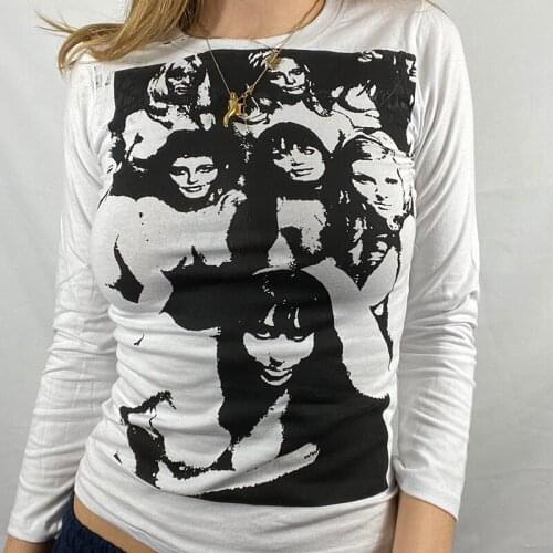 Gothic Y2K Aesthetic Graphic Face Portrait Print T-shirt Women Long Sleeve Slim Fit Pullover Top 2000s E-Girl Autumn Streetwear