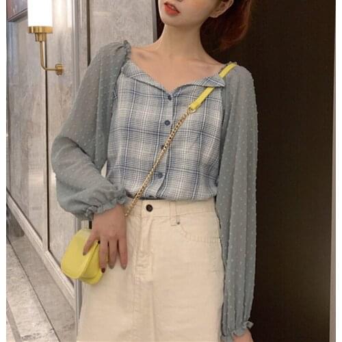 Fashion Patchwork Plaid Women Shirt Lantern Sleeve Tops Casual V-neck Female Shirts Single-breast Ladies Spring Summer Blouses