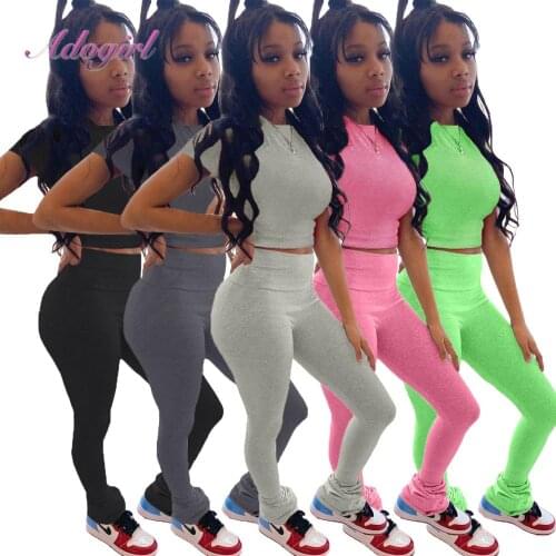 Women Active Sportwear Two Piece Sets Solid Short Sleeve Crop Tops T-Shirt Joggers Sweatpant Suit Outfit Tracksuit Matching Set