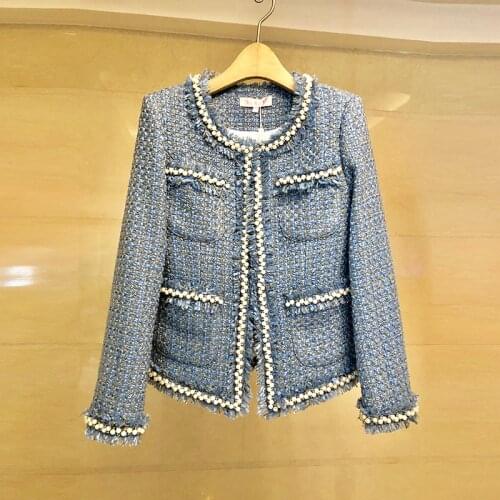 Pearls Beading Tassel Tweed Jackets Women O-Neck Long Sleeve High Waist Autumn Winter Coat Vintage Elegant Outwear Wool B352