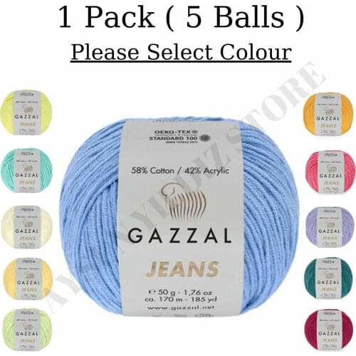 1 Pack ( 5 Balls ) Gazzal Jeans Yarn 50 Gram 170 Mt. All Color Option Crochet Tool Kit Thread