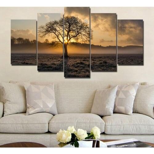 HD Printed 5 Piece Canvas Art Tenacious Tree with Morning Sunlight Painting Wall Pictures Landscape Poster For Wall Decoration