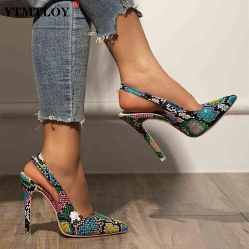 Summer New High Heeled Shoes Women Fashion Sexy Female Sandals Colored Serpentine Cusp Buckle Latch Pumps Party Back Strap