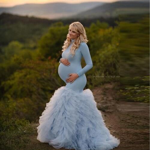 Elegant High Neck Long Sleeves Tulle Maternity Dress To Photo-shoot Charm Mesh Mermaid Pregnanty Women Robes Baby Shower Gowns