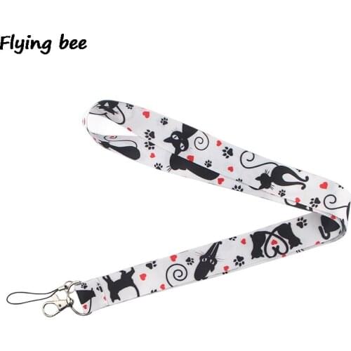 Flyingbee Lovely cute cat Lanyard black cats Keychain Keys Holder Women Strap Neck Lanyards for Keys ID Card phone lanyard X0370