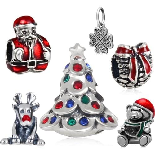 Hot Christmas Beads Piercing Santa Tree Present Gift Crystal Charm Bead Silver Fit Original Pandora Charm Bracelet DIY Bijoux