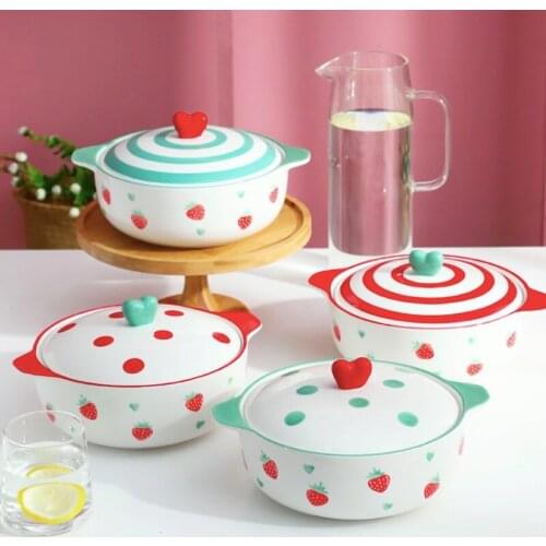 Nordic Ceramic Salad Bowl With Handle Lid Big Cereal Fruit Bowl Candy Color Dessert Soup Big Bowl Microwave Oven Special