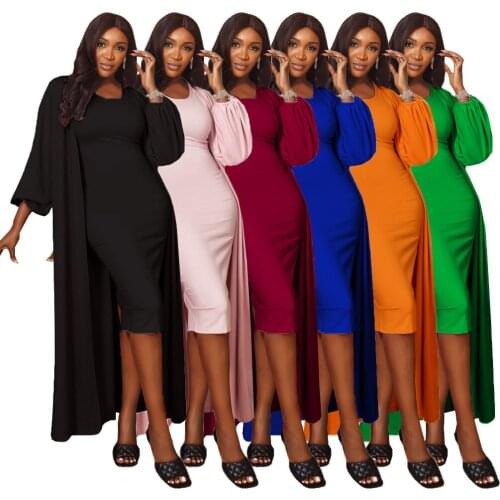 Two Piece Set Women Dress Sets Casual Long Cardigan and Bodycon Dress Suits Tracksuits Matching Sets Outfits Solid Color