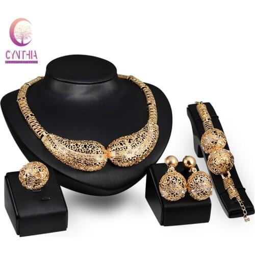 African Costume Jewelry Sets Gold color Crystal Women Fashion Wedding Bridal Accessories Necklace Earring Ring Party Set