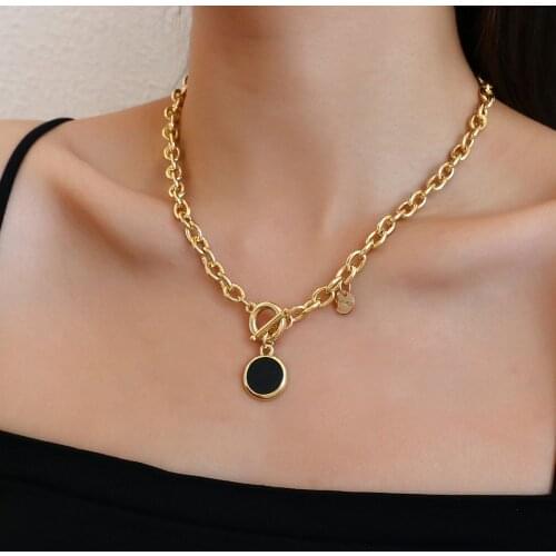 Lifefontier Vintage Black White Shell Round Pendant Choker Necklaces for Women Gold Silver Color Metal Chian Necklace Jewelry