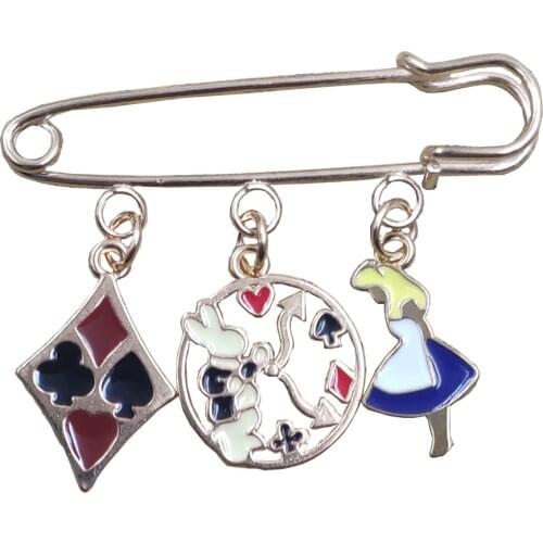 Cute KC Gold Plated Alice in Wonderland Rabbit Bunny Clock Teapot Poker Style Safety Cartoon Brooch Women Men Gift BK100-109