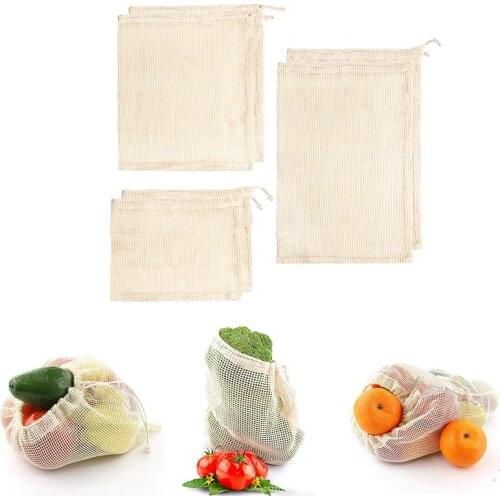 Reusable Mesh Grocery Bag Cotton Fruit Vegetable Storage Net Tote With Drawstring Machine Washable Home Kitchen Supplies 6Styles