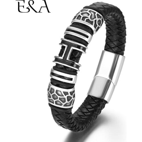 Genuine Braided Leather Bracelet for Men 316L Stainless Steel Magnetic Clasp H Charms Woven Bracelets Trendy Male Bangle Jewelry