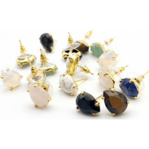 Natural Stone Stu Earrings dro Pink Crystal Quartz Gem Beads Gold-Color Simple Earring for Women Girl Charm Jewelry