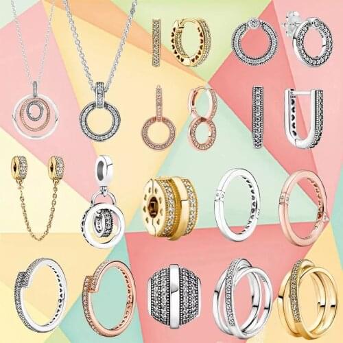 2021 New Early Autumn Series 925 Silver Shiny Double Hoop Earrings Two-color Multi-ring Necklace Pendant Fashion Jewelry Set