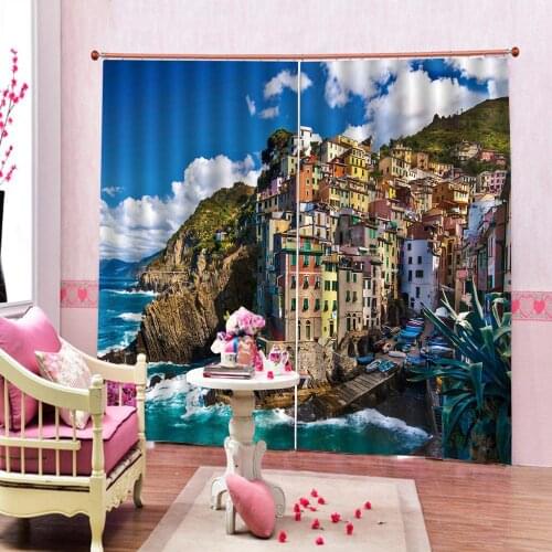 Custom Blue sky and white clouds Curtains With Seaside villa landscape photos stereoscopic 3D printing blackout curtains