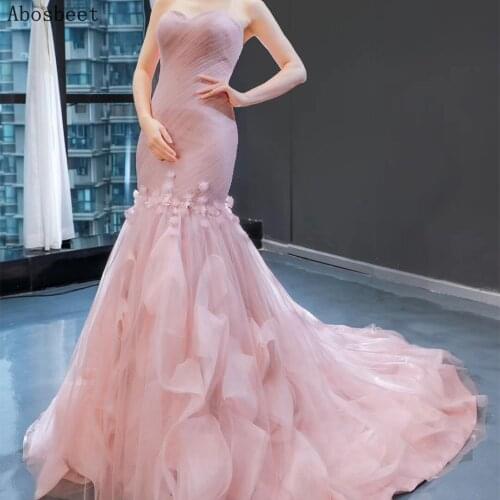Simple 3D Flowers Elegant Evening Dress Long 2021 Sweetheart Formal Long Prom Party Gown Dark Pink Pleat Top Long Train