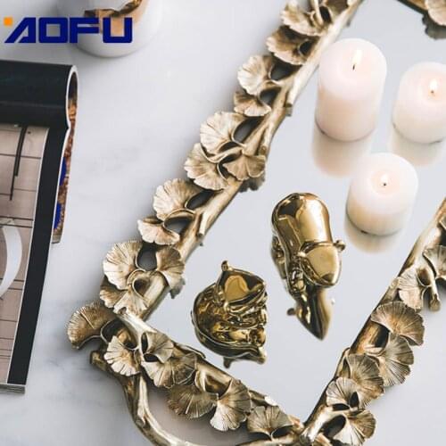 Leaf Retro Carved Tray Mirror Carved Tool Tea Table Storage Tray Kitchen Tool Serving Tray Cosmetic Organizer Gold