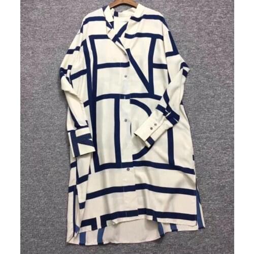 ElfStyle Navy Geometric Print Silk Dress Shirt Collar Long sleeves Midi dress
