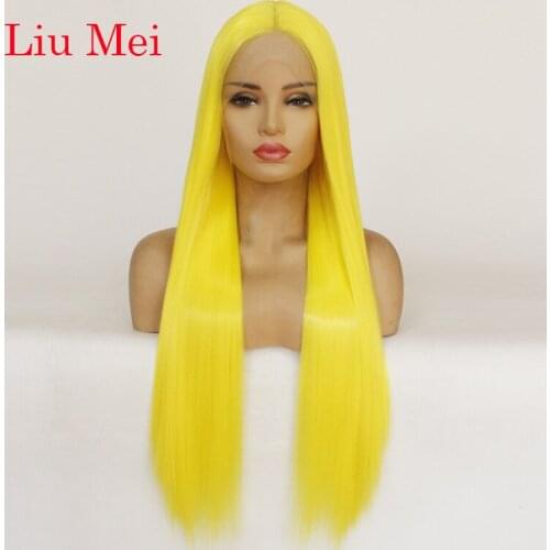 Middle Part Yellow Synthetic Hair 13*6 Hand Tied Lace Front Wig Silky Straight Heat Resistant Fiber Natural Hairline For Women