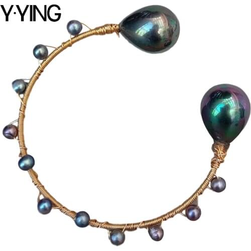Y·YING Freshwater Black Pearl Teardrop Sea Shell Pearl Bangle Bracelet