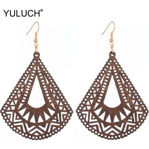 YULUCH 2019 Ethnic Wooden 4 Colors Hollow Long Pendant Drop Earrings Indian Women Statement Hanging Earrings Jewelry Accessories