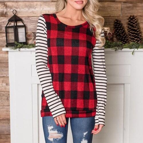 Autumn Casual Plaid Raglan Female T Shirt Tops Long Sleeves for Women O-neck Stripe Patchwork Loose Pullovers Chemise Femme