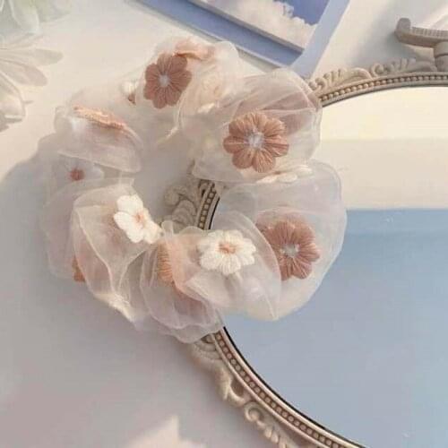 Sweet Embroidery Flowers Mesh Scrunchies Women Romantic Pink Blue Hair Rope Transparent Tulle Organza Hair Ties Hair Accessories