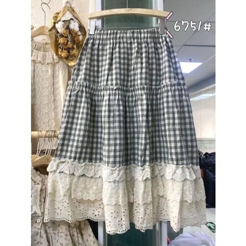 Mori Style Lace Spliced Cotton linen Plaid Skirt women elastic waist casual skirt