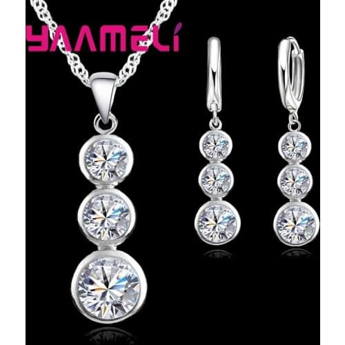 New Fashionable 925 Sterling Silver Necklace Earrings Clear Crystal Cubic Zirconia Pendant Jewelry Sets For Women Gift