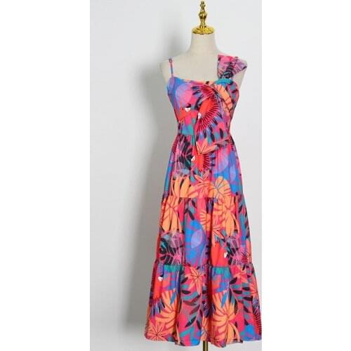 New Asymmetrical Print Floral Sling Dress For Women Square Collar Sleeveless High Waist Midi Dresses Female 2021 Summer Vestidos